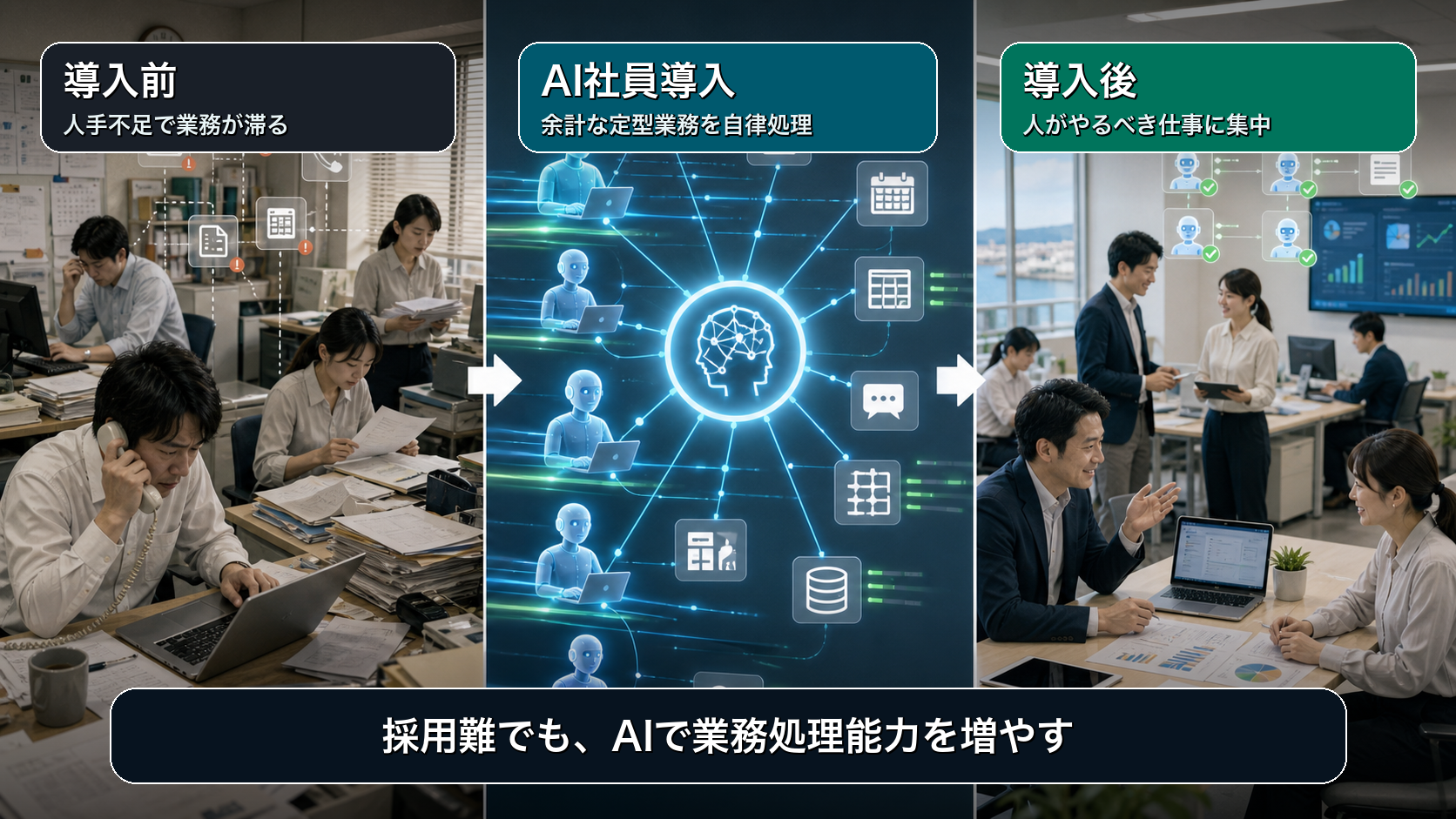 導入前は人手不足で業務が滞り、AI社員導入後はAIが定型業務を処理して人が判断と顧客対応に集中する比較図